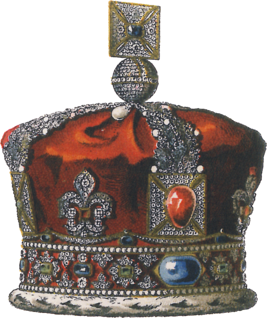 The State Crown of Queen Victoria, drawn as a heraldic plate: a diamond cross and orb above a crimson cap set with the Black Prince's ruby and a sapphire band.